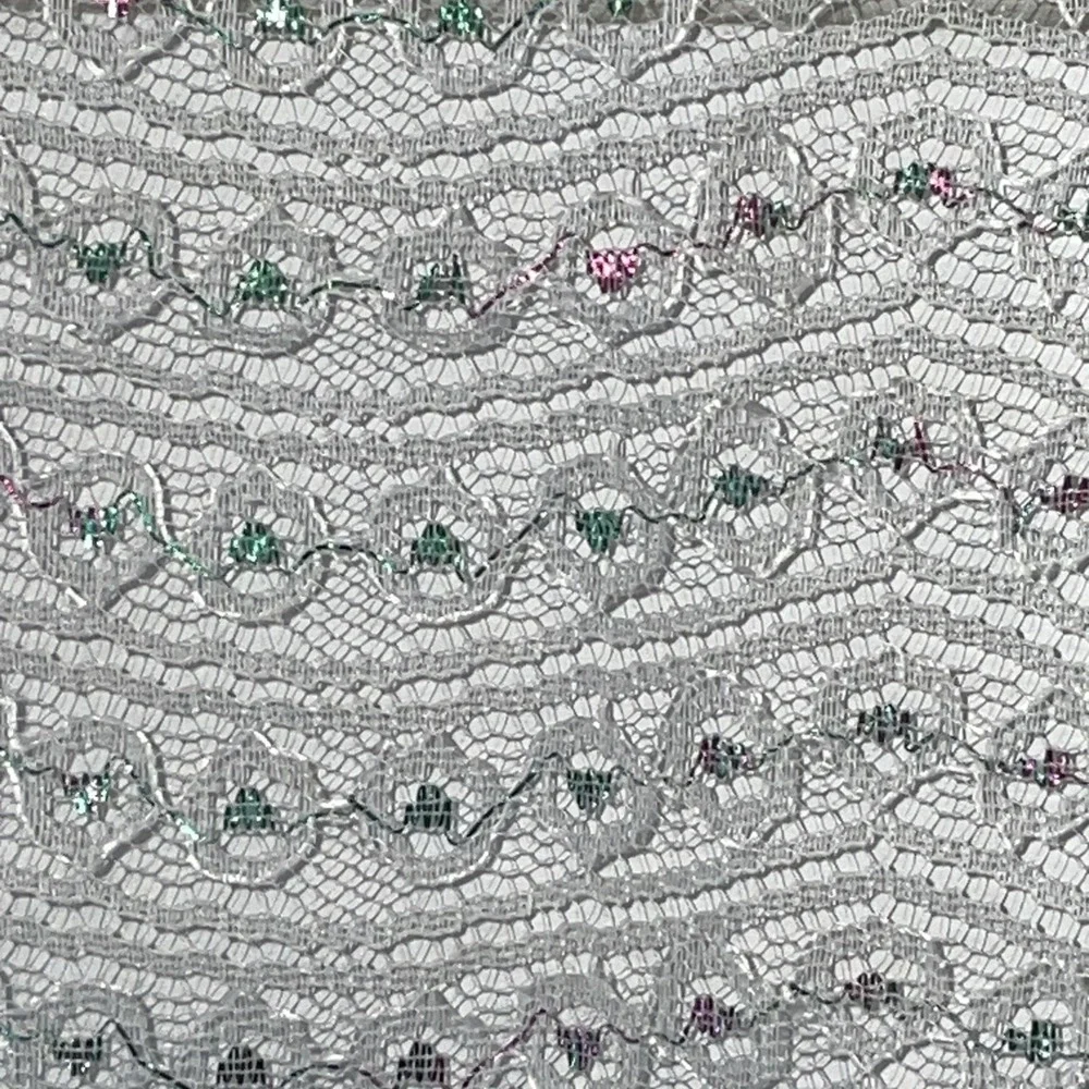 White Tulle Fabric Embroidered Pink Green Metallic Details 24